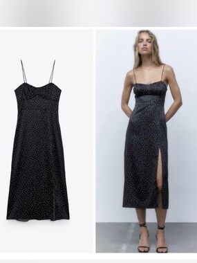 Zara Black Polka Dot Slip Midi Dress with Side Slit
